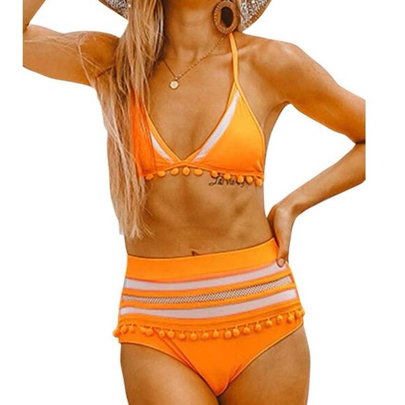 Flygo Women’s Mesh High-Waisted Bikini Set Tassel Trim Halter Top Size Med NWOT - Picture 1 of 10